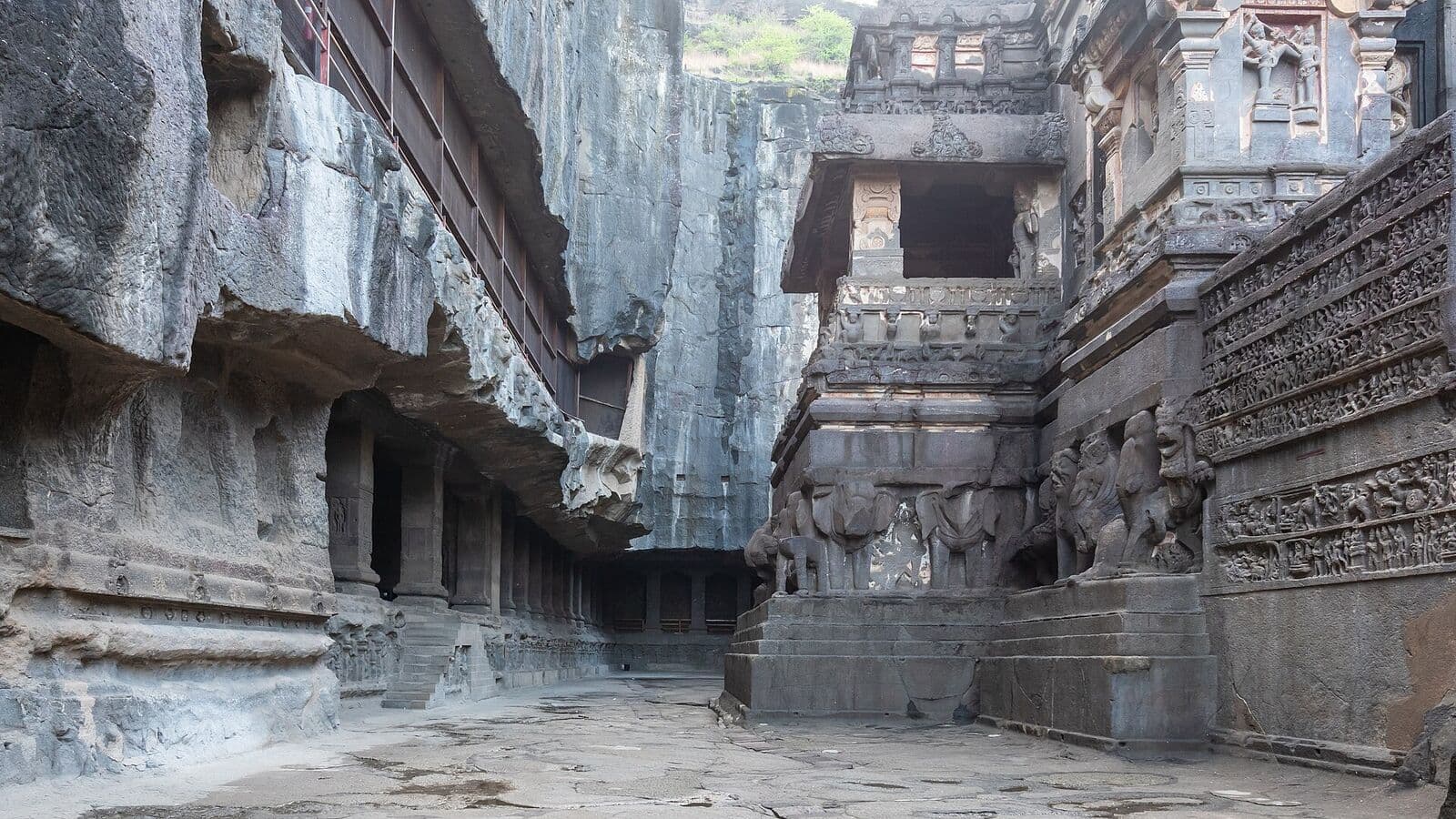 The rock-cut courtyard of the Kailasa temple at Ellora