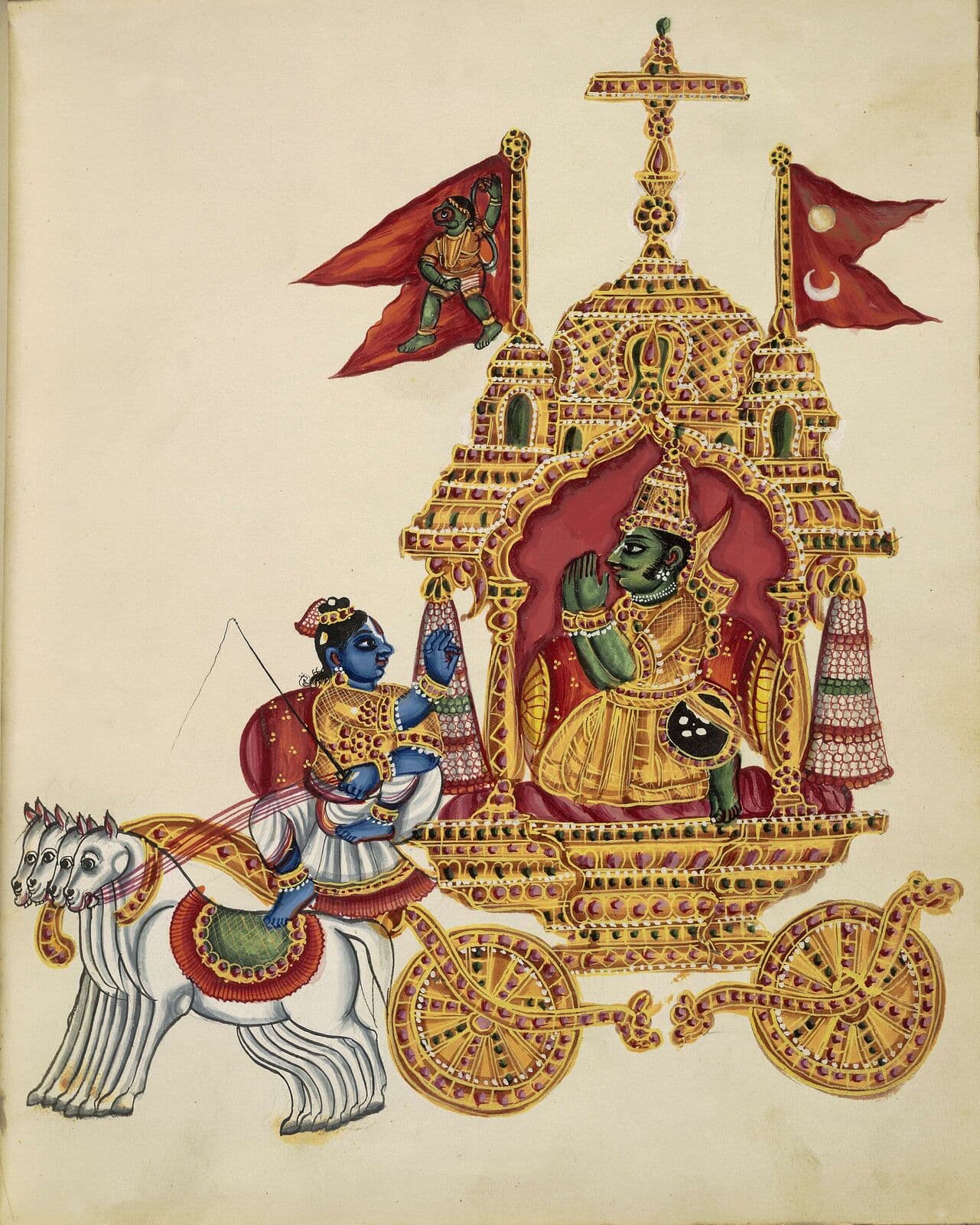 Traditional South Indian painting of Krishna and Arjuna on the chariot at Kurukshetra