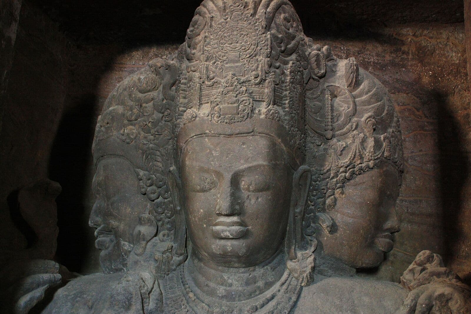 The Trimurti sculpture in the rock-cut caves of Elephanta