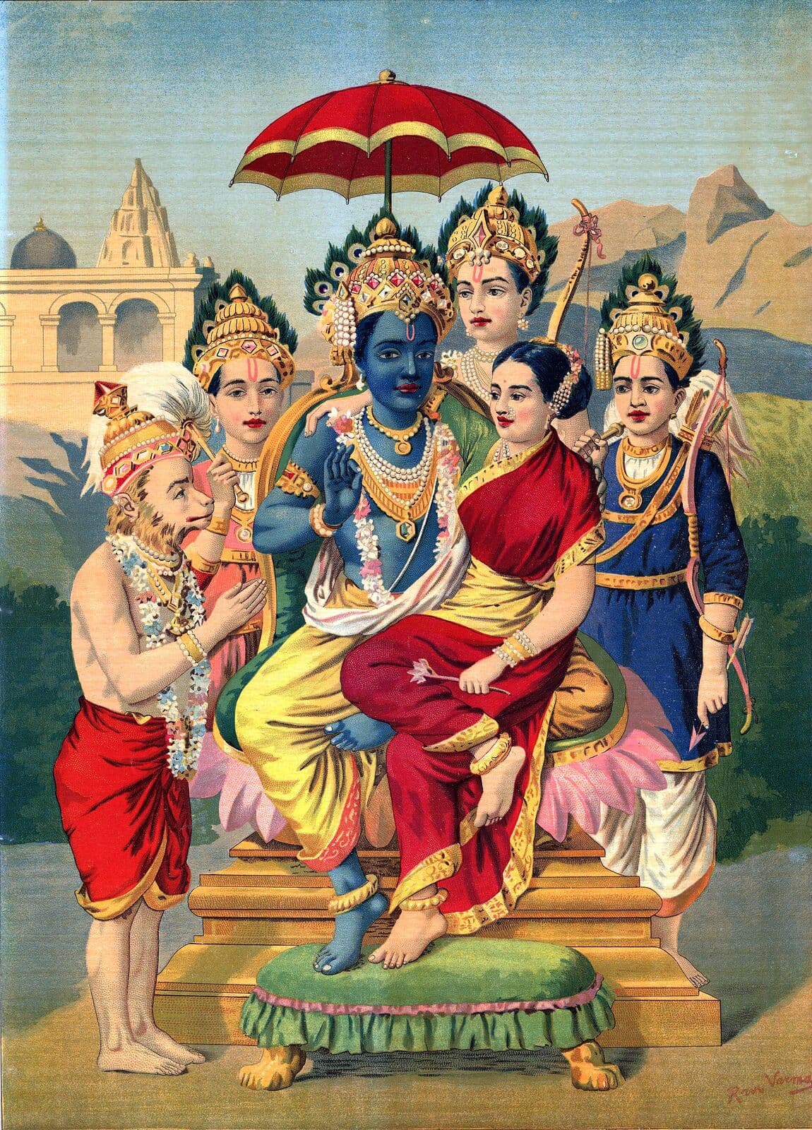 Traditional painting of Rama enthroned with Sita, Lakshmana, Bharata and Hanuman