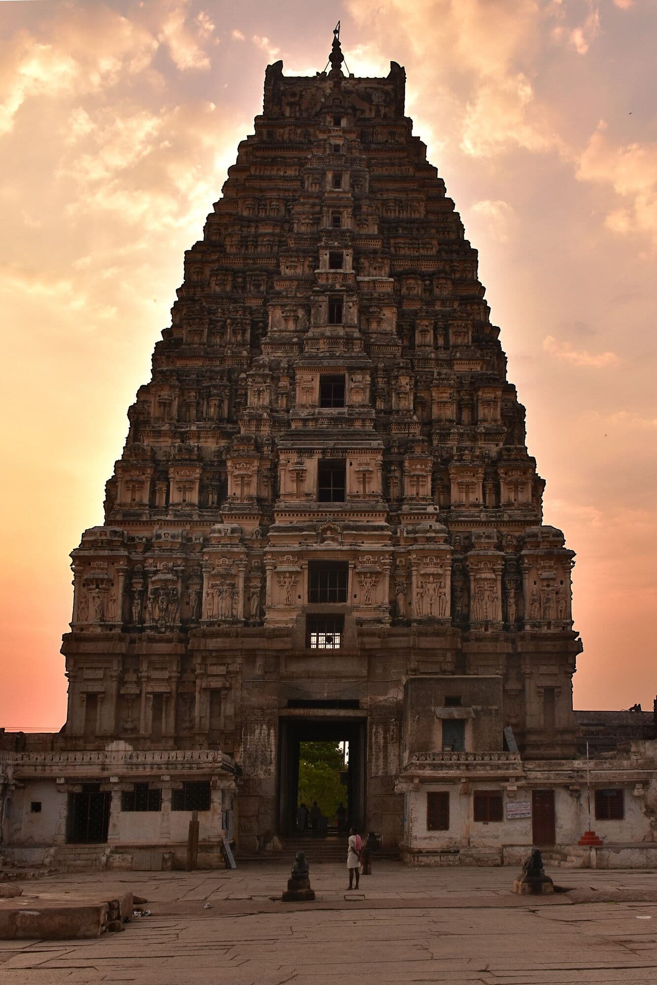 South Indian temple gopuram at sunset